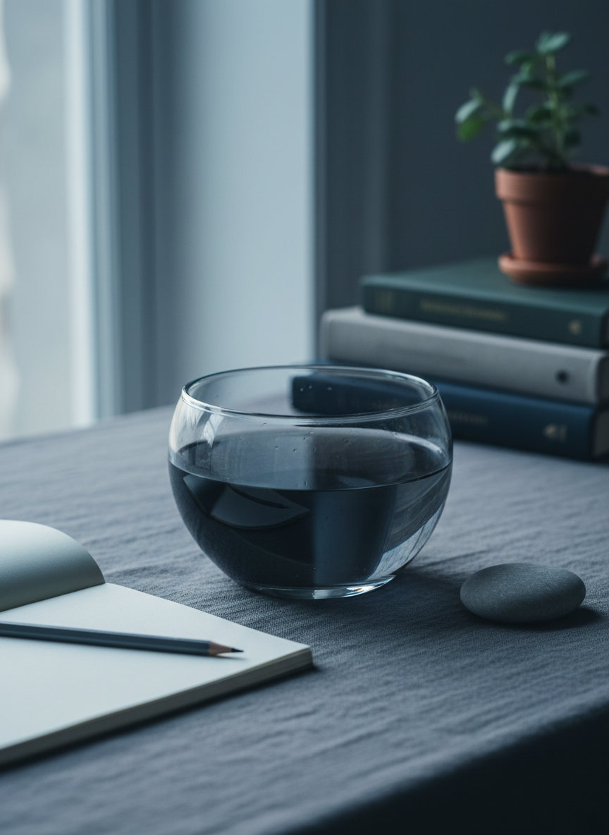 A heavy glass bowl filled with dark, still water sits at the exact center of a charcoal linen-covered desk, surrounded by an open, unbranded notebook, a graphite pencil, and a single smooth river stone. The scene is set near a large window at blue hour, with soft, cool natural light spilling in and catching faint ripples on the water’s surface. In the background, out of focus, are stacked books with muted covers and a small, leafy plant. Photographic realism, shot at eye level with a shallow depth of field, creating a contemplative, sophisticated mood that suggests quiet listening for intuition without relying on mystical symbols.