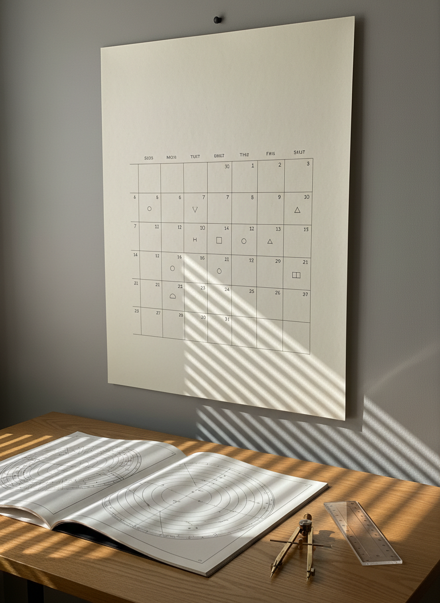 A large, minimalist wall calendar made of thick, textured paper hangs in a quiet study, dates marked only by simple black dots and small hand-drawn geometric shapes instead of words. On a nearby oak table lie an open, unbranded ephemeris-style chart with crisp lines and circles, a metal compass, and a clear acrylic ruler. Late afternoon sunlight slants in through venetian blinds, casting orderly stripes of light and shadow across the pages. Photographic realism, captured at a three-quarter angle with sharp focus throughout, conveying a calm, analytical mood that suggests astrology as pattern-mapping and timing rather than decorative symbolism.