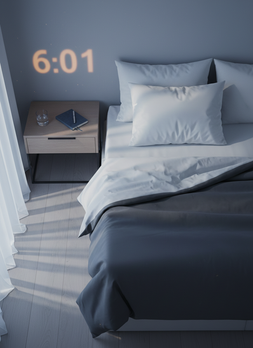 A neatly made bed with crisp white cotton sheets and a slate-grey duvet, viewed from above in photographic realism. On the side of the bed, a simple wooden nightstand holds a glass of water, a closed cloth-bound journal, and a pen, with a subtle projection clock casting soft numerals on the wall. Early dawn light seeps through sheer curtains, creating faint, elongated shadows and a muted blue tone. The atmosphere is hushed and introspective, evoking the fragile moment between sleep and waking, perfect for capturing the feeling of dreams and unconscious symbols arriving in an otherwise ordinary room.