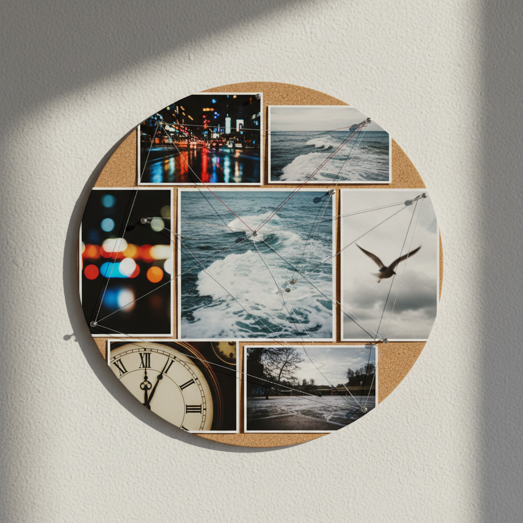 A circular corkboard mounted on a matte off-white wall, covered not with text but with pinned abstract photographs: blurred city lights at night, overlapping ocean waves, a clock face partially out of frame, and a bird in mid-flight. Thin red and silver threads connect key points between the images, forming subtle constellations. Soft, indirect afternoon light from a nearby window creates delicate, angled shadows of the pins and threads. Photographic realism, shot straight on with balanced composition, giving a sense of pattern recognition and synchronicity emerging from everyday moments, without any overt spiritual iconography.