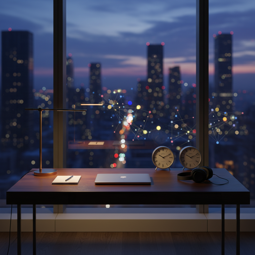 A clean, modern desk in front of a large window overlooking a twilight city skyline, rendered in photographic realism. On the desk, a slim, closed laptop, two identical analogue clocks set to different times, and a pair of noise-cancelling headphones rest on a dark walnut surface. The city lights outside appear as soft bokeh, suggesting distant signals. The scene is lit by the cool ambient glow of the city and a single, warm desk lamp that creates a pool of golden light. Shot from a slightly elevated angle, the composition feels precise and sophisticated, hinting at telepathy and silent communication across distances through subtle visual metaphors rather than clichés.