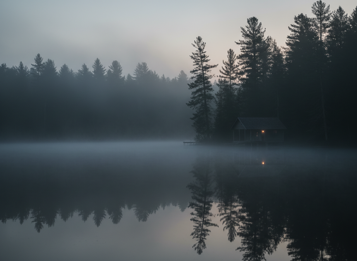 Foggy lake at dawn, still water and misty treeline