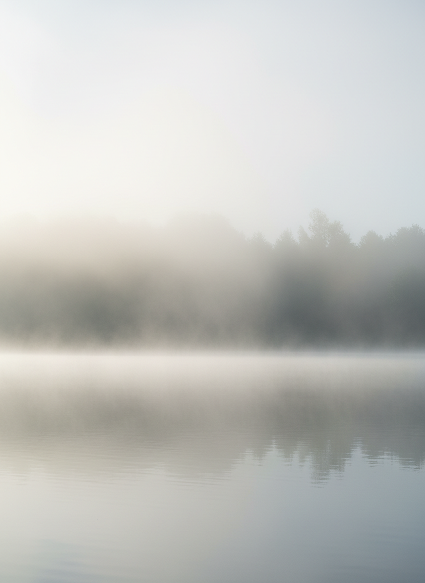 Misty lake surface at dawn with soft fog rising off still water
