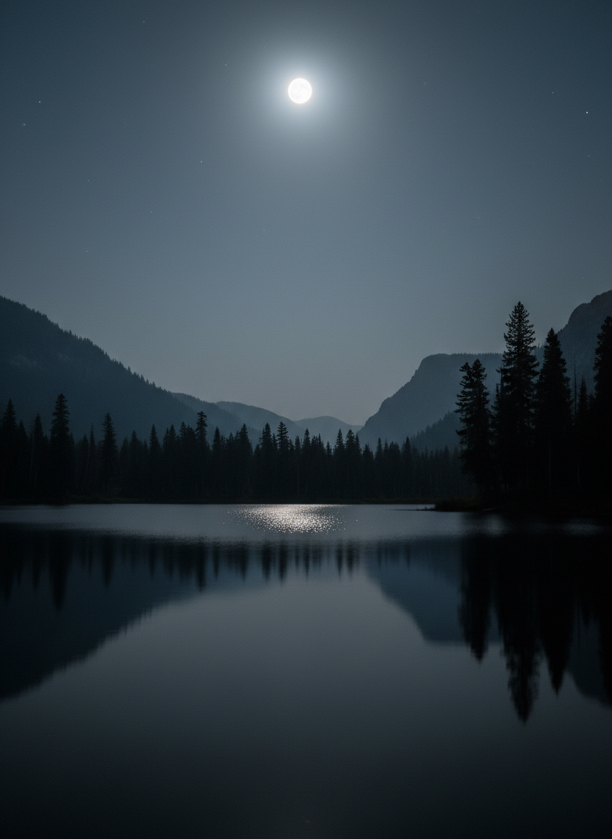 Silver moonlight reflecting on a still lake at night, deep charcoal and blue-grey tones